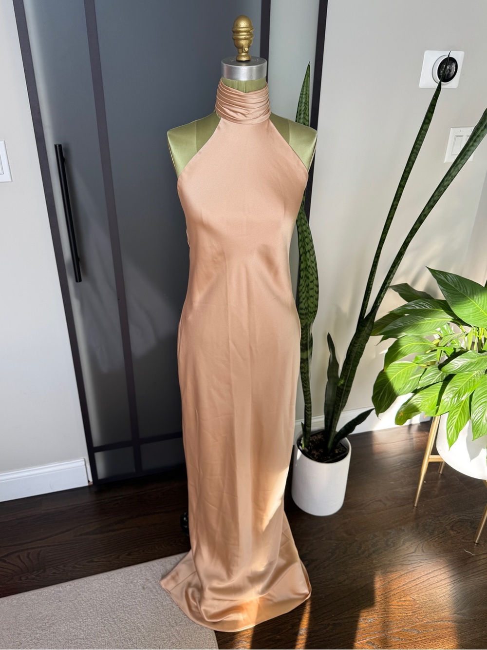 Ramy Brook Tatiana Gown in Light Champagne Satin, Halter Maxi Dress, Size 4